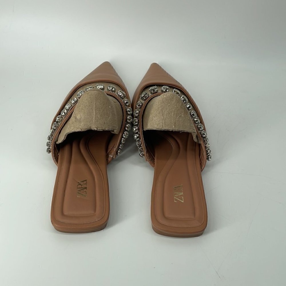 Zara sling back flat point shoes with rhinestones neutral beige brown sz 6 - Picture 9 of 13